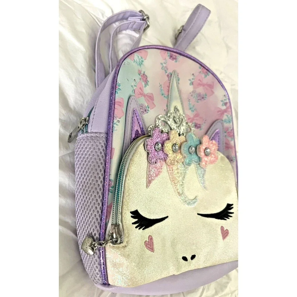 OMG Unicorn Miss Gwen Backpack Purse Purple Glitter Horn 2 Zip Pockets Floral